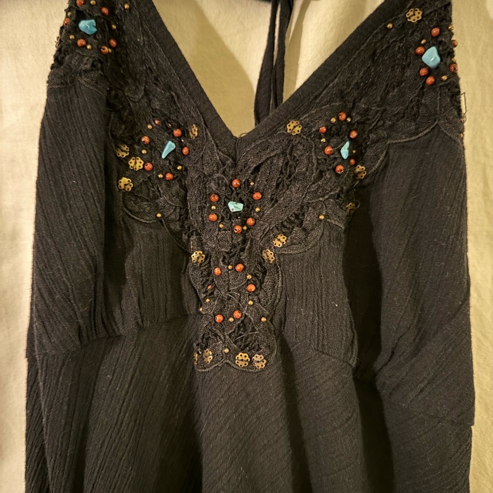 Embroidered Black Halter Dress